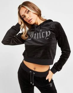JUICY COUTURE Diamante Logo Velour Hoodie Dame Sort
