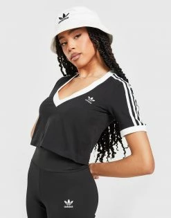 Adidas Originals 3-Stripes V-Neck Crop T-Shirt Dame Sort