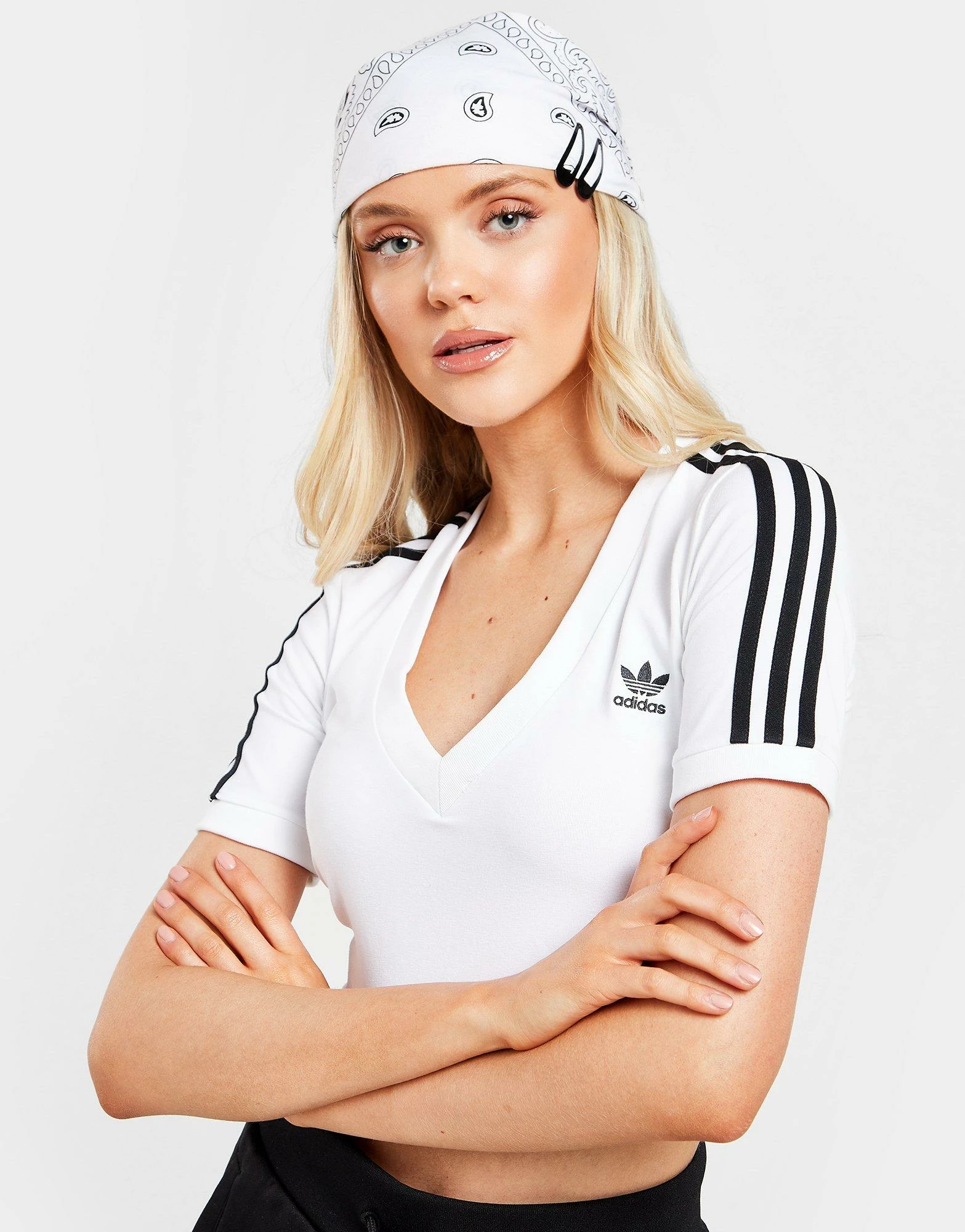 Adidas Originals 3-Stripes V-Hals Crop T-Shirt Dame Hvid - Billede 2