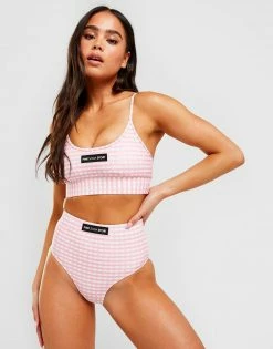 Pink Soda Sport Gingham High Waisted Bikini Bottoms Pink