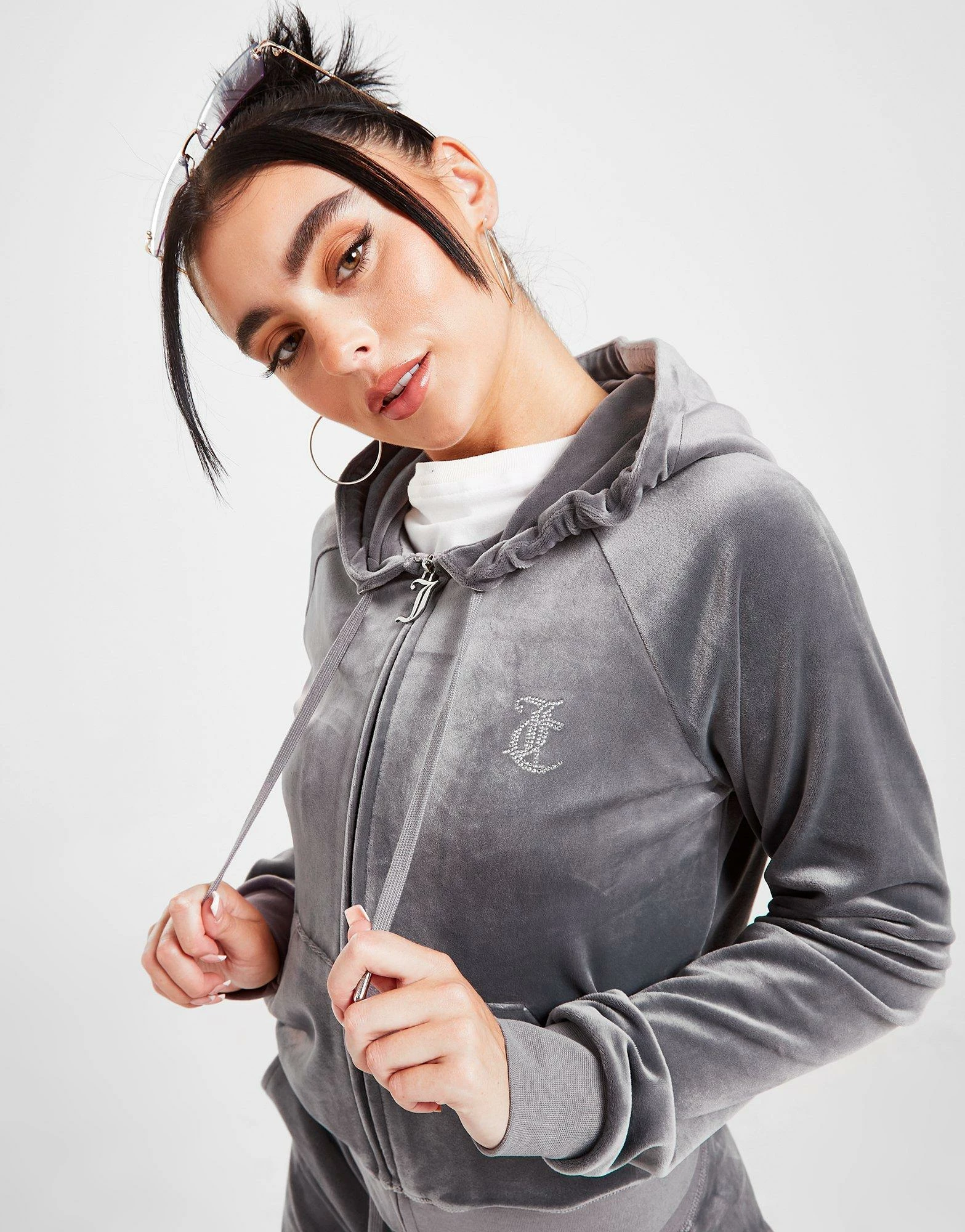 JUICY COUTURE Diamante Velour Full Zip Hoodie Grå