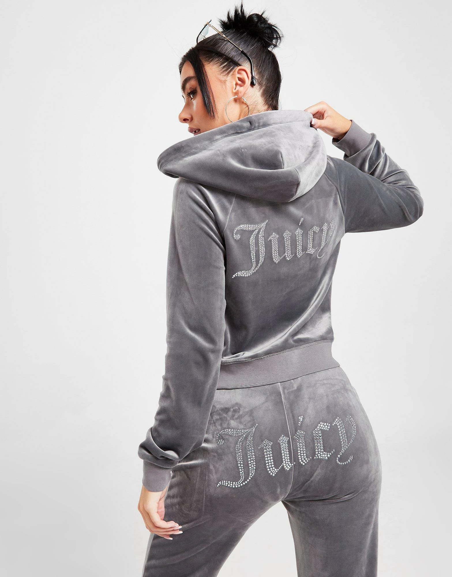 JUICY COUTURE Diamante Velour Full Zip Hoodie Grå - Billede 2