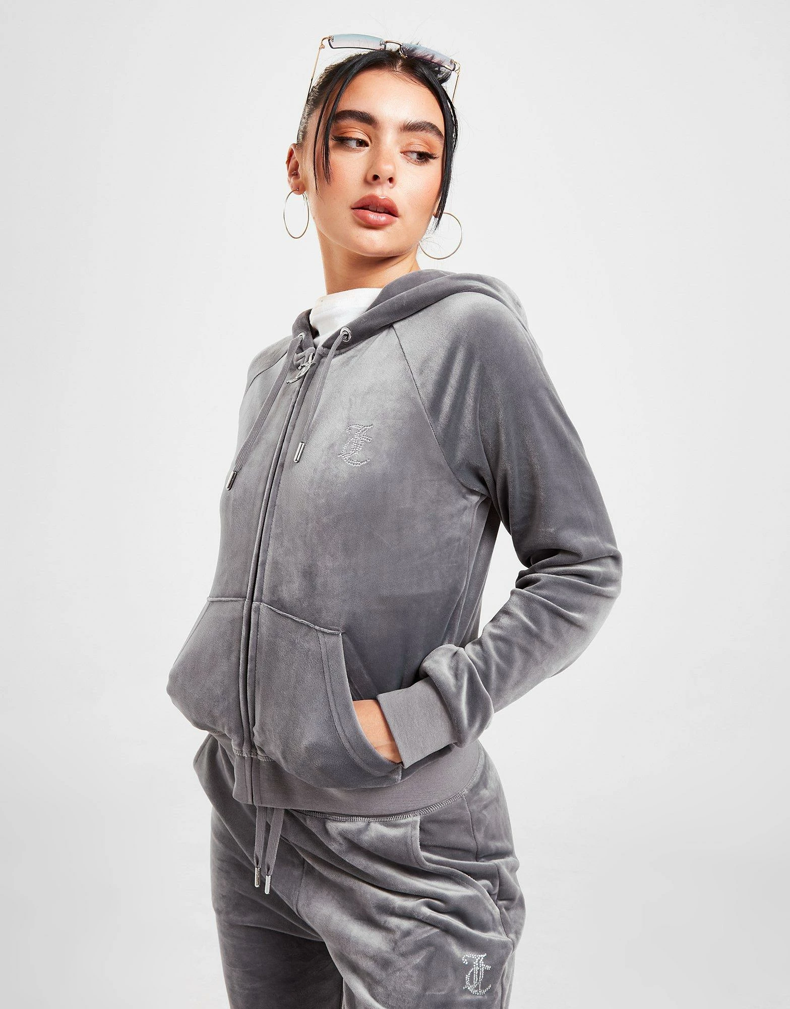 JUICY COUTURE Diamante Velour Full Zip Hoodie Grå - Billede 3