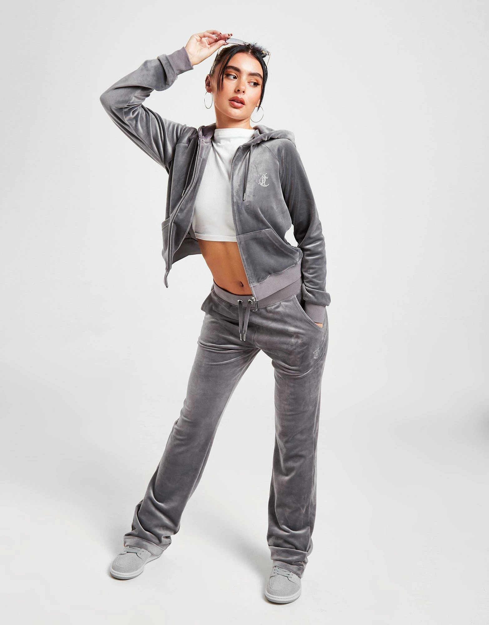 JUICY COUTURE Diamante Velour Full Zip Hoodie Grå - Billede 4