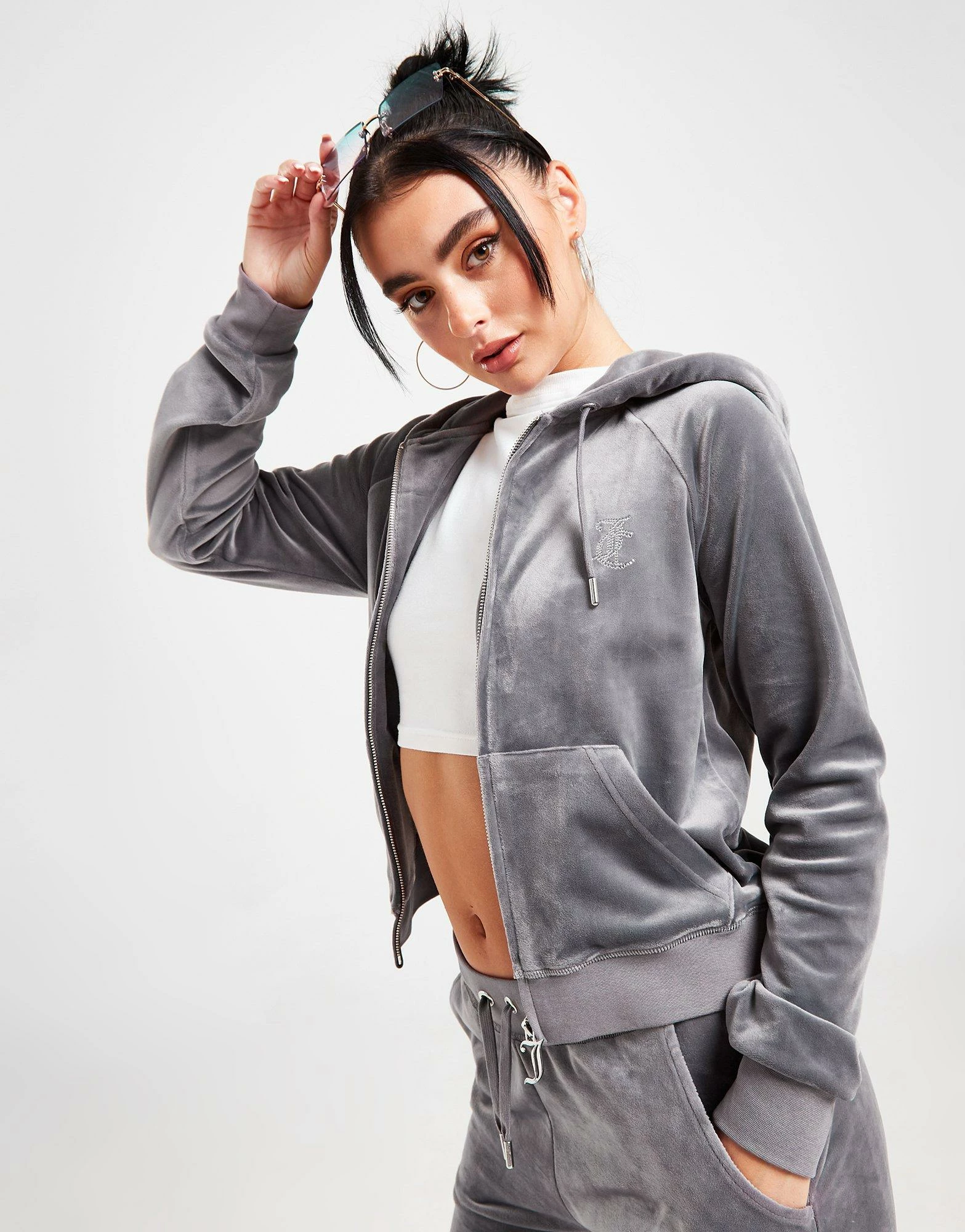 JUICY COUTURE Diamante Velour Full Zip Hoodie Grå - Billede 6