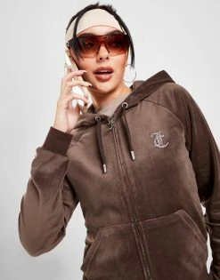 JUICY COUTURE Diamante Velour Full Zip Hoodie Brun