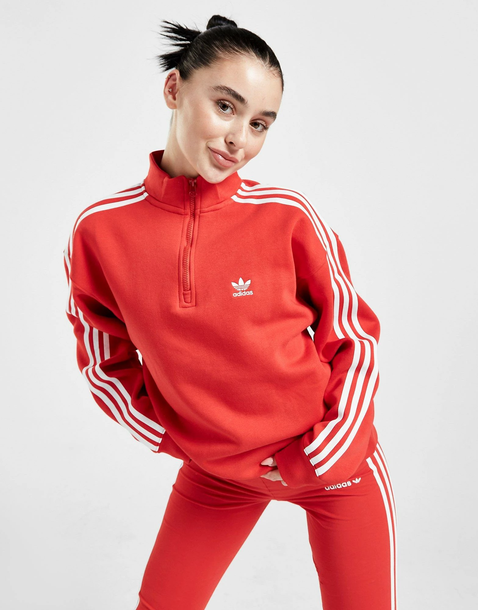 Adidas Originals 3-Stripes Boyfriend 1/4 Zip Sweatshirt Dame Rød - Billede 2
