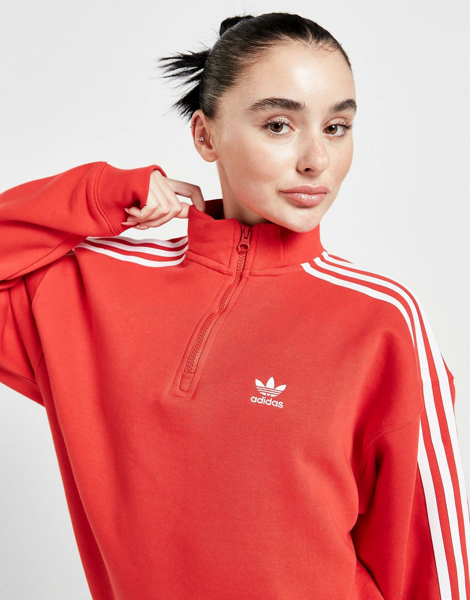 Adidas Originals 3-Stripes Boyfriend 1/4 Zip Sweatshirt Dame Rød - Billede 4
