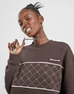 Ellesse All Over Print Panel Crew Sweatshirt Brun
