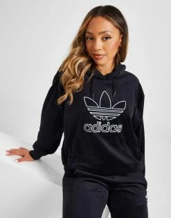 Adidas Originals Velour Trefoil Overhead Hoodie Sort